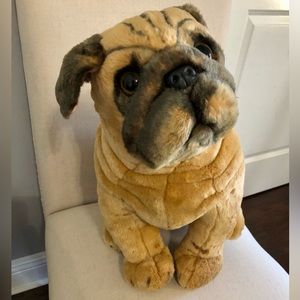 Rare Realistic Pug Dog Plush Sitting Stuffed Animal Tan and Brown 18” Inches